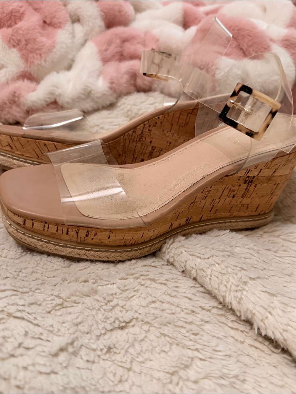 Clear Strap Cork Wedge Sandals - Nude